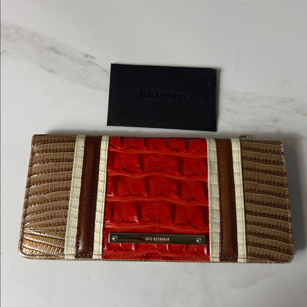 Brahmin Ady Wallet Cabana Vertical Vineyard Genuine leather orange gold tan New
